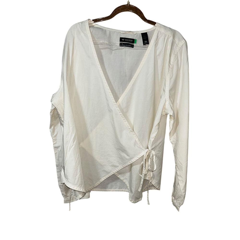 Dockers Womens Long Sleeve Wrap Blouse Off White V-Neck Tie Top A56670008